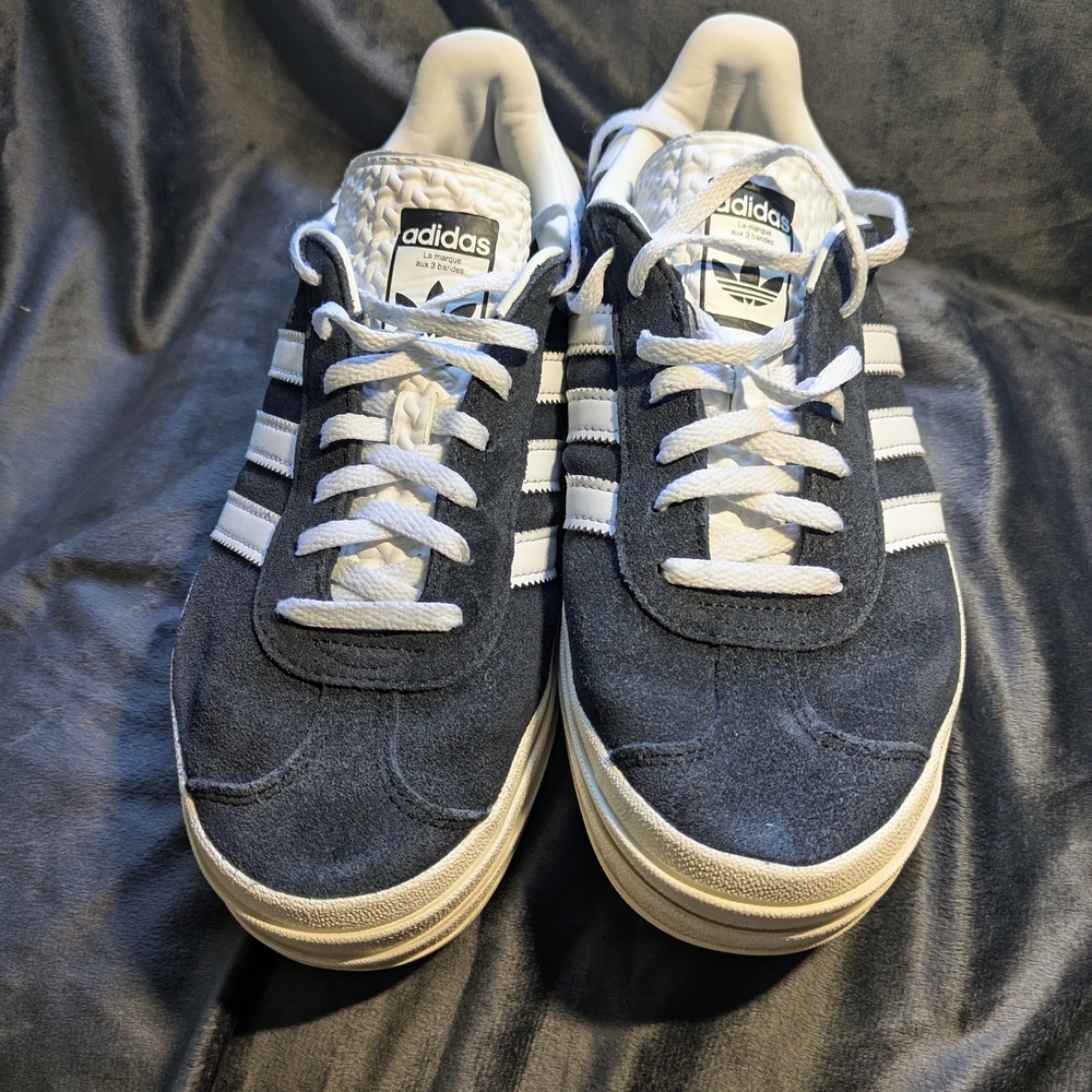 adidas Women9s Navy Suede Platform Sneakers with White Stripes